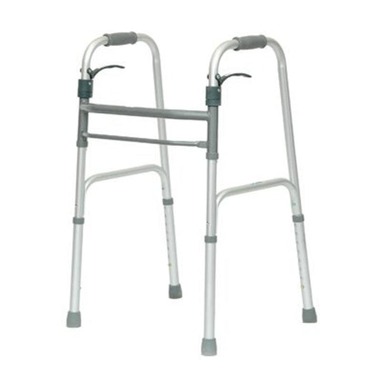 Aluminum bariatric folding walker with no wheels, dual push-button folding mechanism, padded hand grips, and rubber-tipped legs, rated to 500 pounds