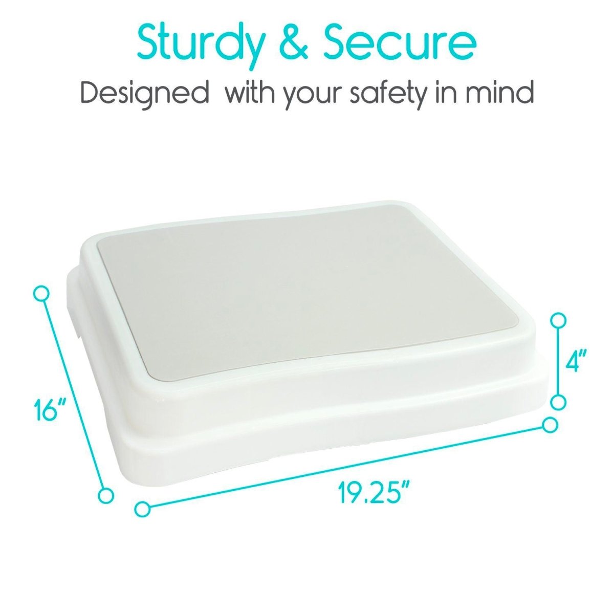 Dimension diagram of the bed step: 19.25 inches wide, 16 inches deep, and 4 inches tall, sized to stand on with both feet.