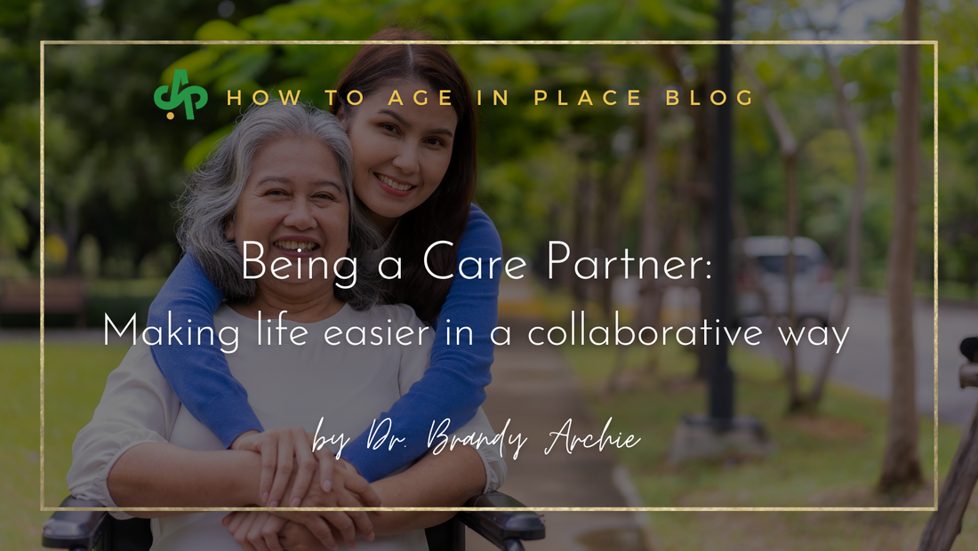 Image of adult daughter hugging elderly mom. Blog post cover for Being a Care Partner" Making life easier in a collaborative way from the AskSAMIE How to Age in Place Blog