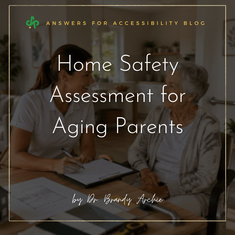 Occupational therapy practitioner conducting a home safety assessment for an aging parent, checking grab bars and bathroom safety