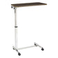 End view of the tilt-top overbed table showing its slim profile and swivel casters on the chrome-plated steel H-base