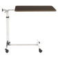 Side view of the overbed table showing the top extending past the column so it reaches over a hospital bed, recliner, or chair