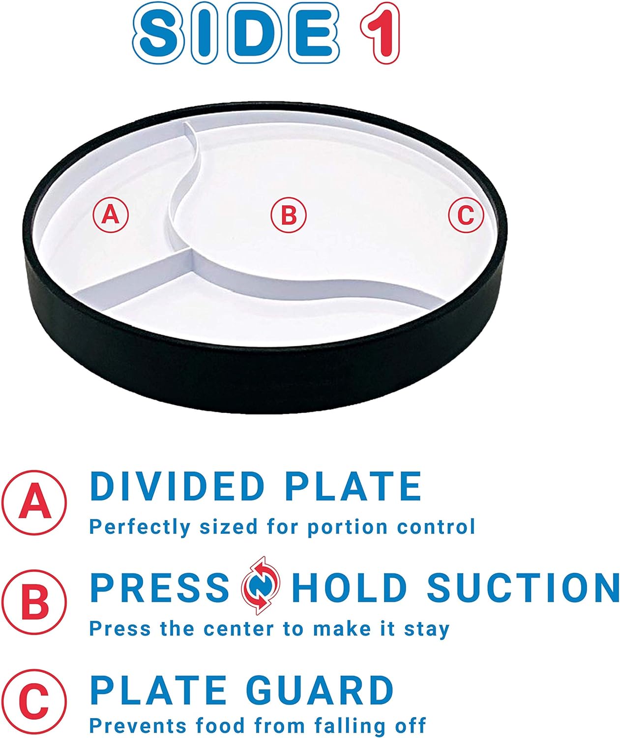 Divide plate, press and hold suction in the center and plate guard around the edge: Non slip, suction, scoop plate for easier eating that's BPA free for adults