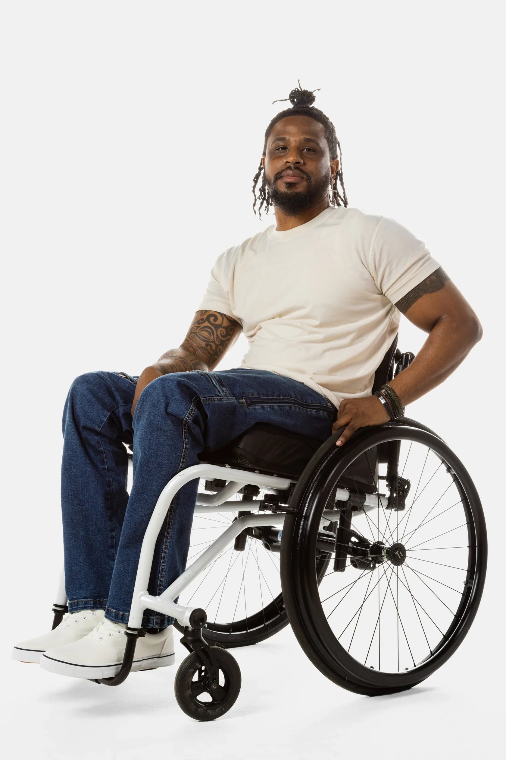 No Limbit man in wheelchair with wheelchair pants