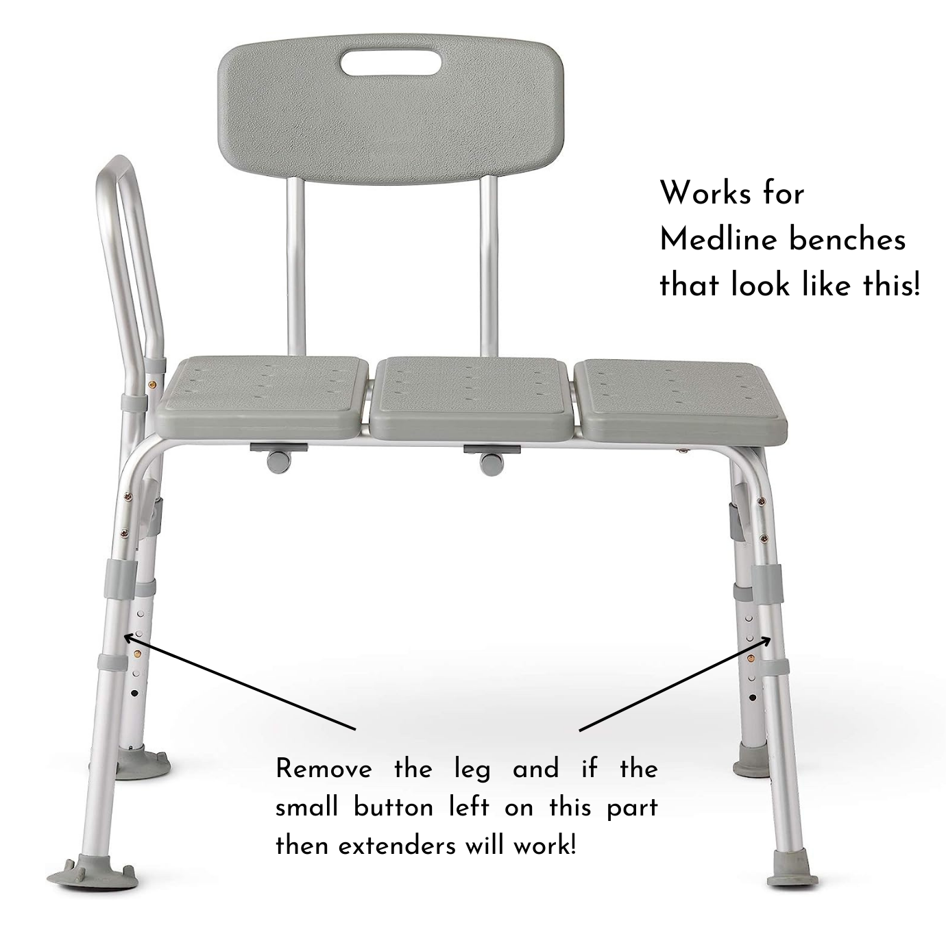 Tub bench extenders work on Medline tub transfer bench models that look like this