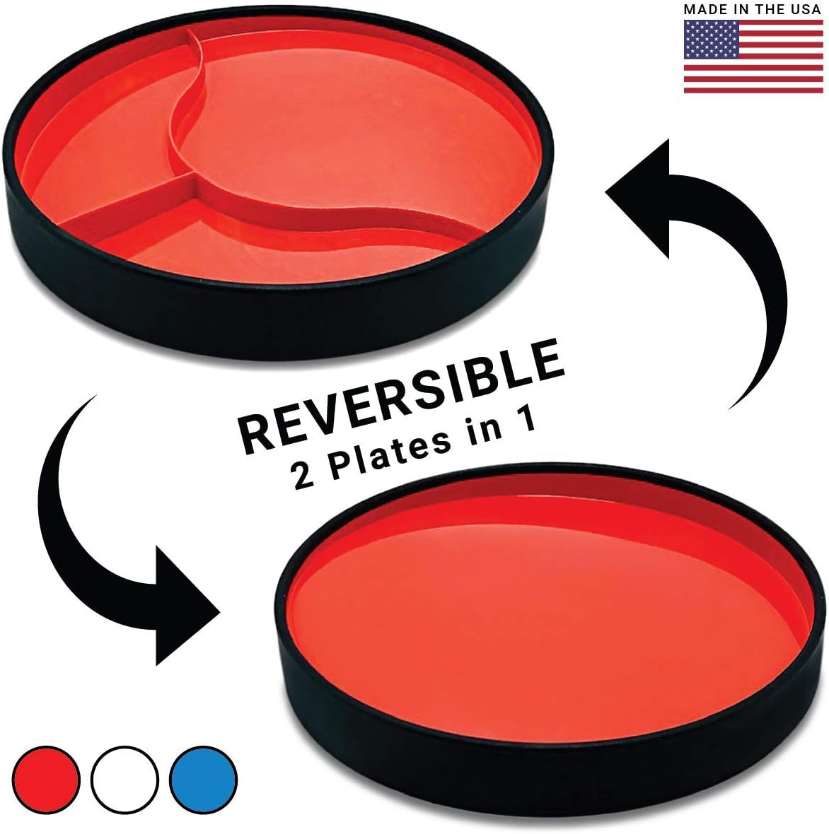red plate shown as being reversible. 2 plates in 1: Non slip, suction, scoop plate for easier eating that's BPA free for adults