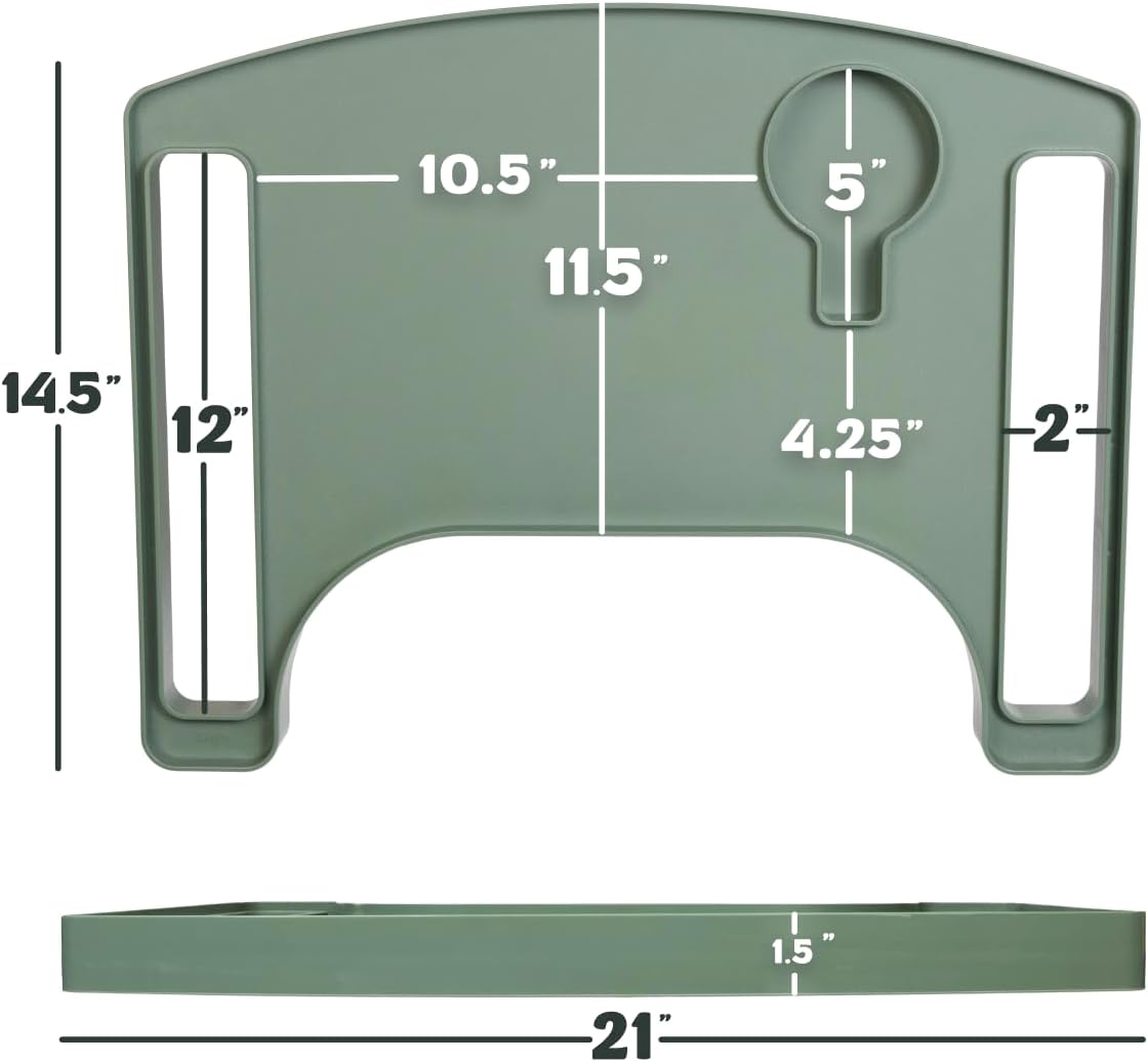 Dimension diagram of the walker tray: 21 inches wide, 14.5 inches deep and 1.5 inches tall, with a 5 inch cup holder and 12 by 2 inch walker handle slots.