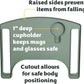 Walker tray features: raised sides that stop items from falling, a 1 inch deep cup holder that keeps mugs and glasses safe, and a front cutout for safe standing.