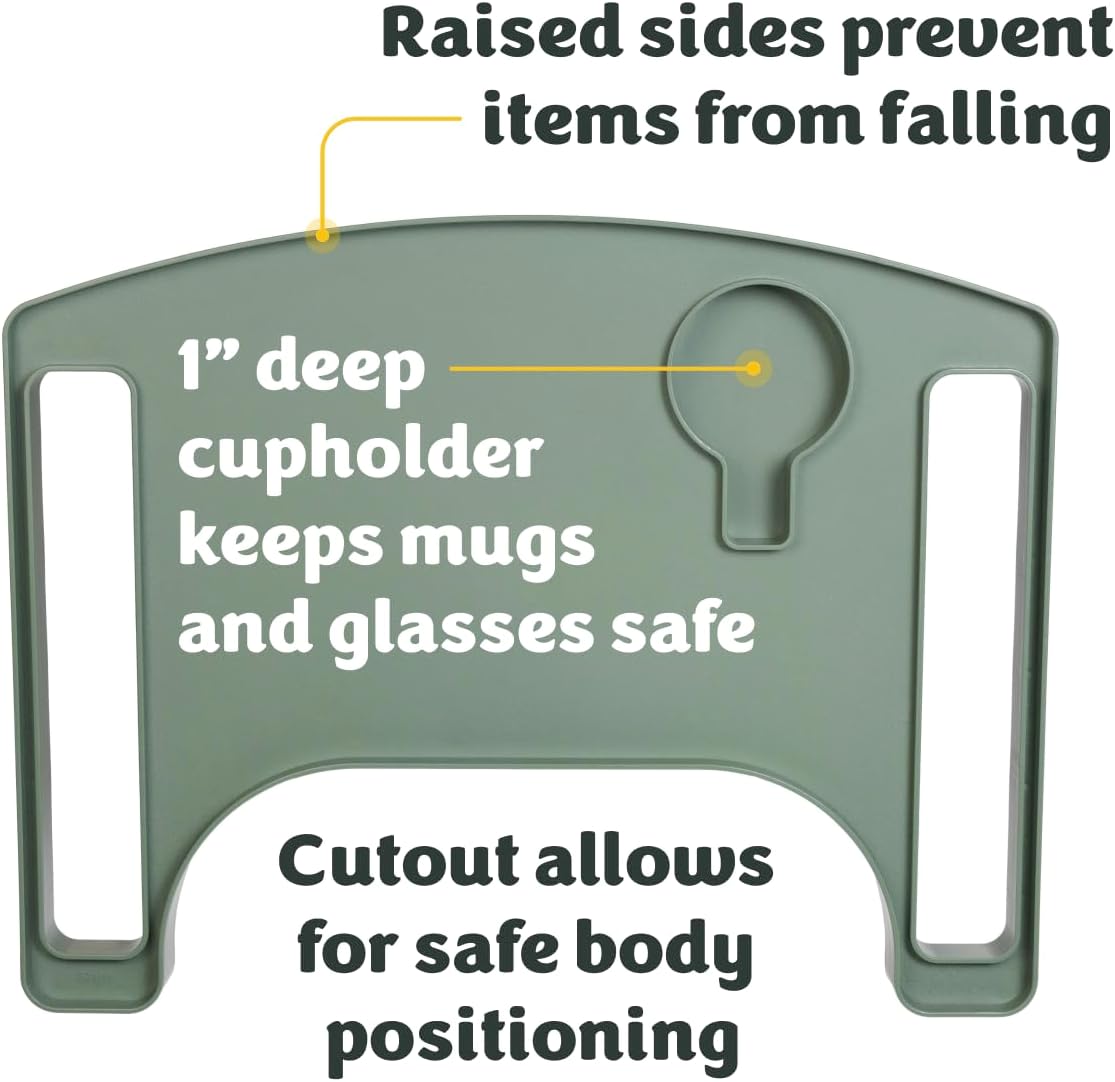 Walker tray features: raised sides that stop items from falling, a 1 inch deep cup holder that keeps mugs and glasses safe, and a front cutout for safe standing.