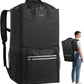 Black laundry backpack shown next to a person wearing it to show size; it carries laundry hands-free on the back.