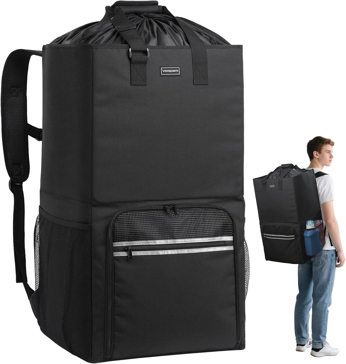 Black laundry backpack shown next to a person wearing it to show size; it carries laundry hands-free on the back.
