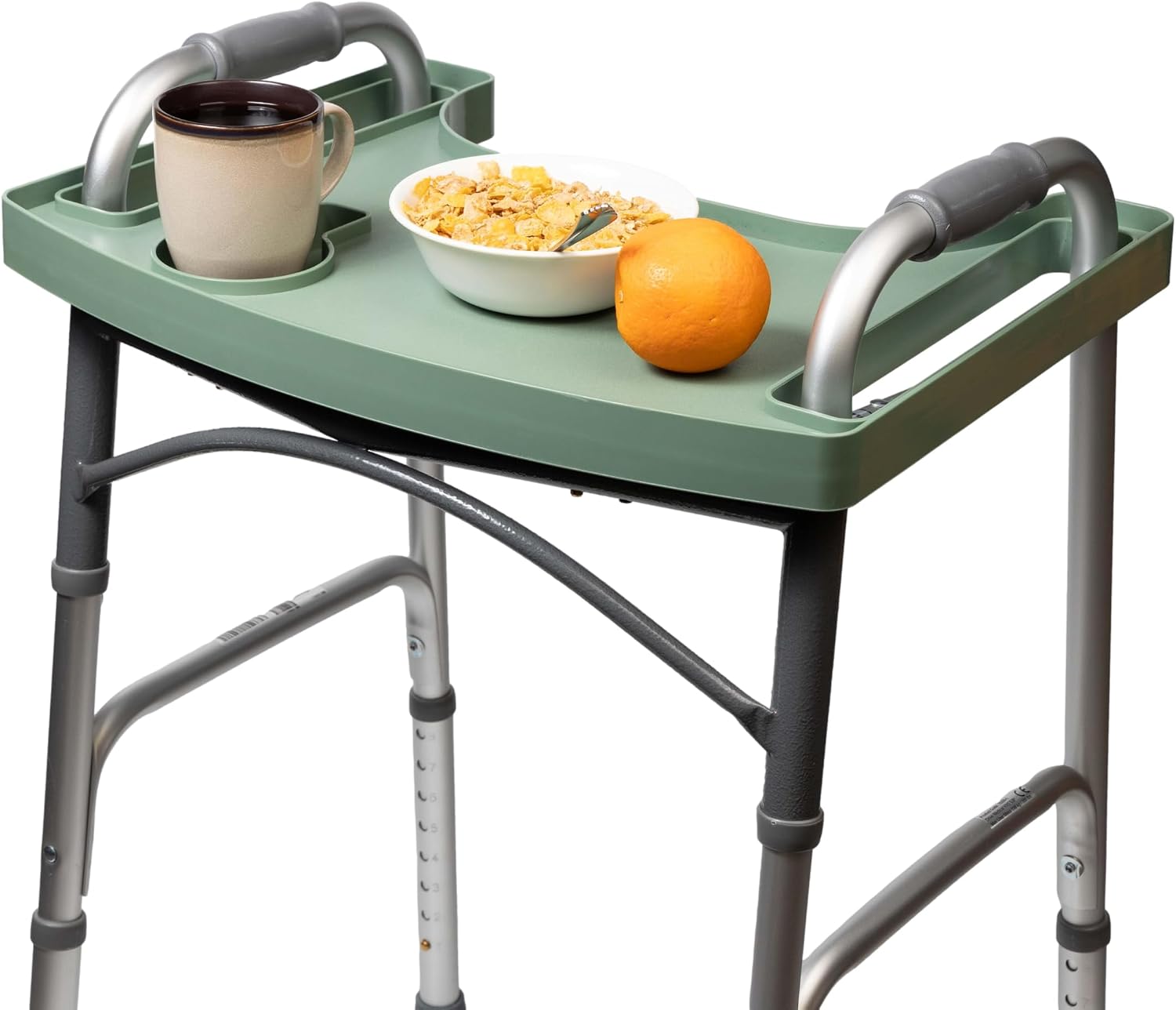Green walker tray holding a full breakfast of coffee, cereal and fruit on a folding walker, so an entire meal can be carried to the table in one trip.