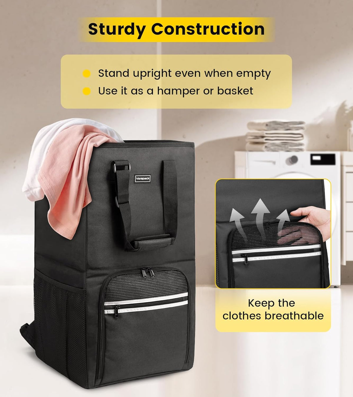Laundry backpack standing upright on its own as an open hamper, with a breathable mesh front panel.