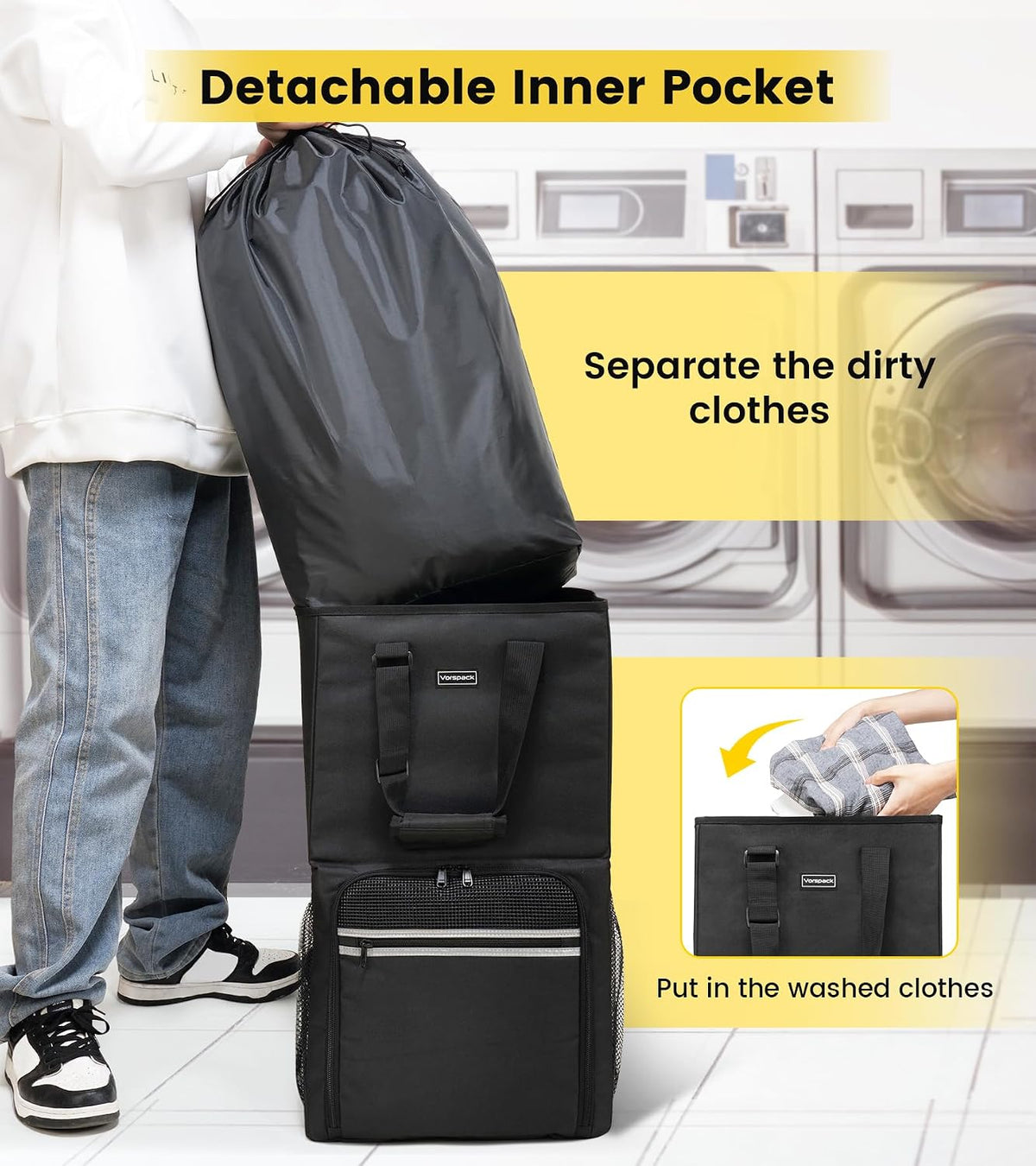 Removable inner drawstring bag keeps dirty clothes separate from clean folded laundry in the backpack.
