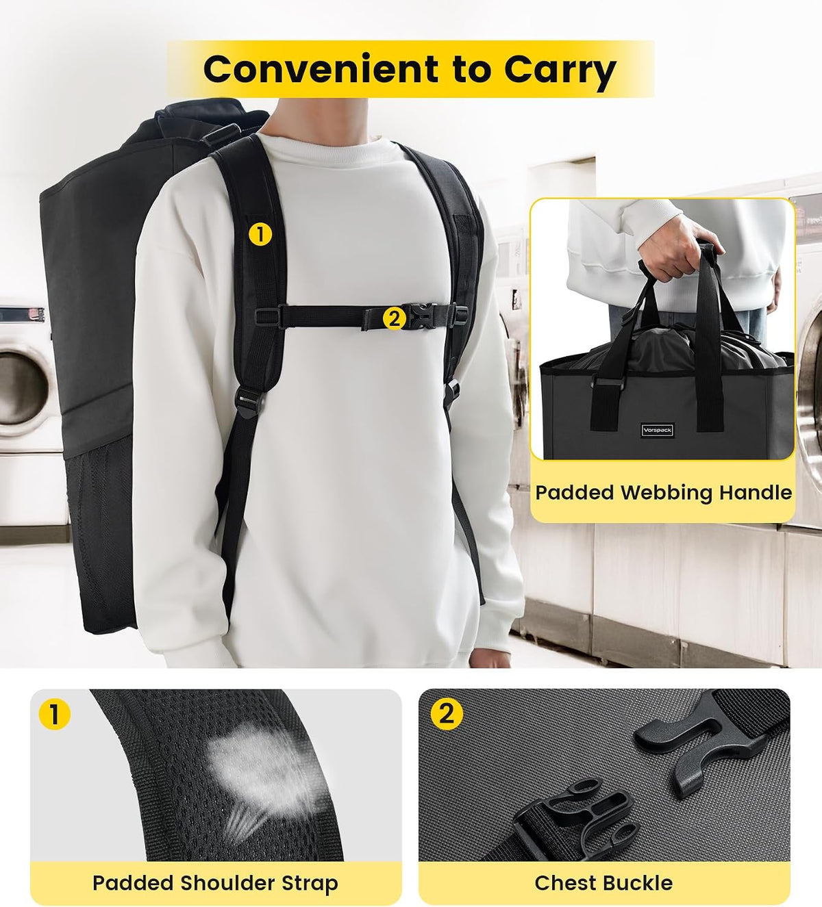 Padded shoulder straps and chest buckle keep the laundry load centered on the back, with side handles for carrying as a tote.