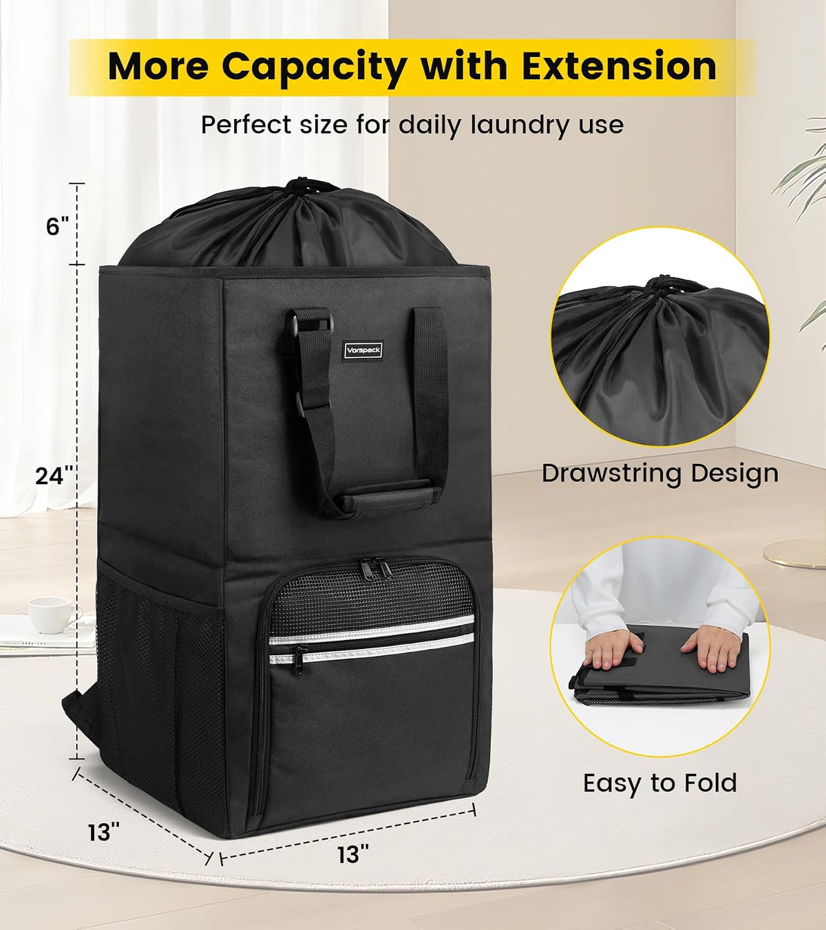 Laundry backpack dimensions: 24 x 13 x 13 inches with a 6 inch drawstring extension, folds flat for storage.