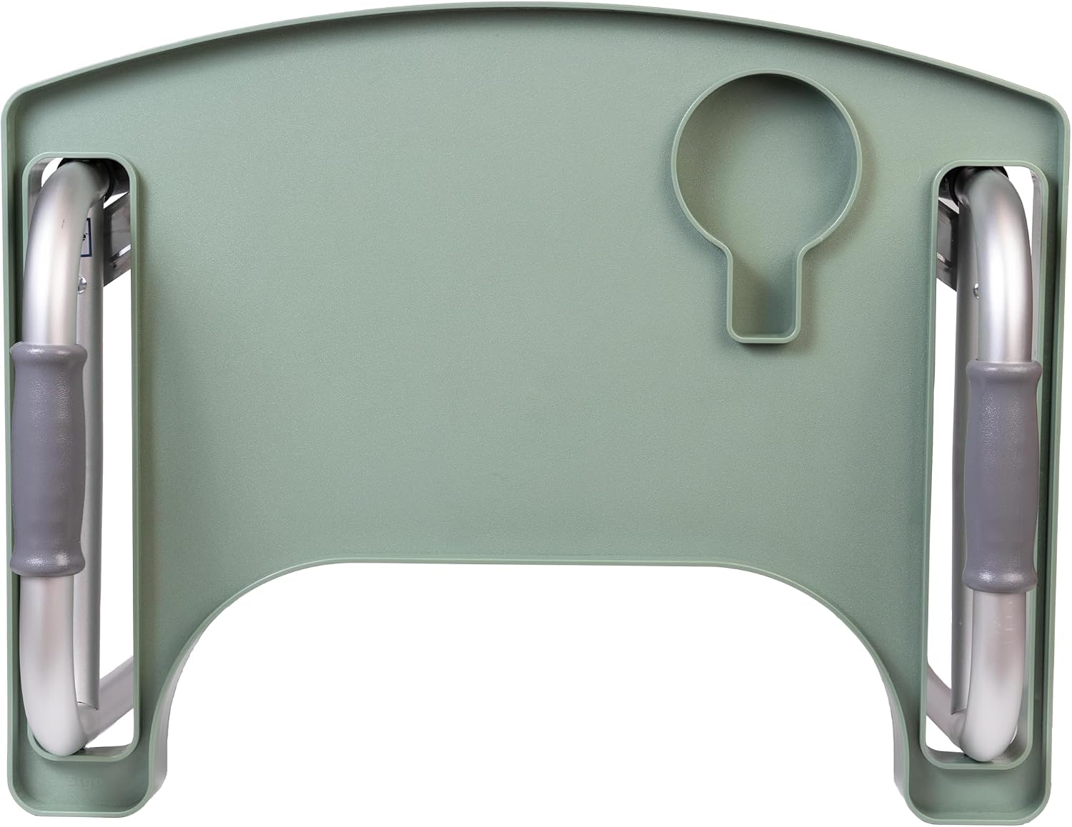 Top view of the sage green walker tray seated flat on folding walker handles, showing the wide flat carrying surface and the deep molded cup holder.