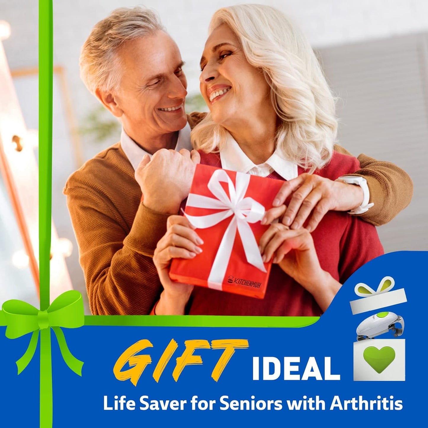 Elderly couple holding a gift box with the Electric Jar Opener inside. 