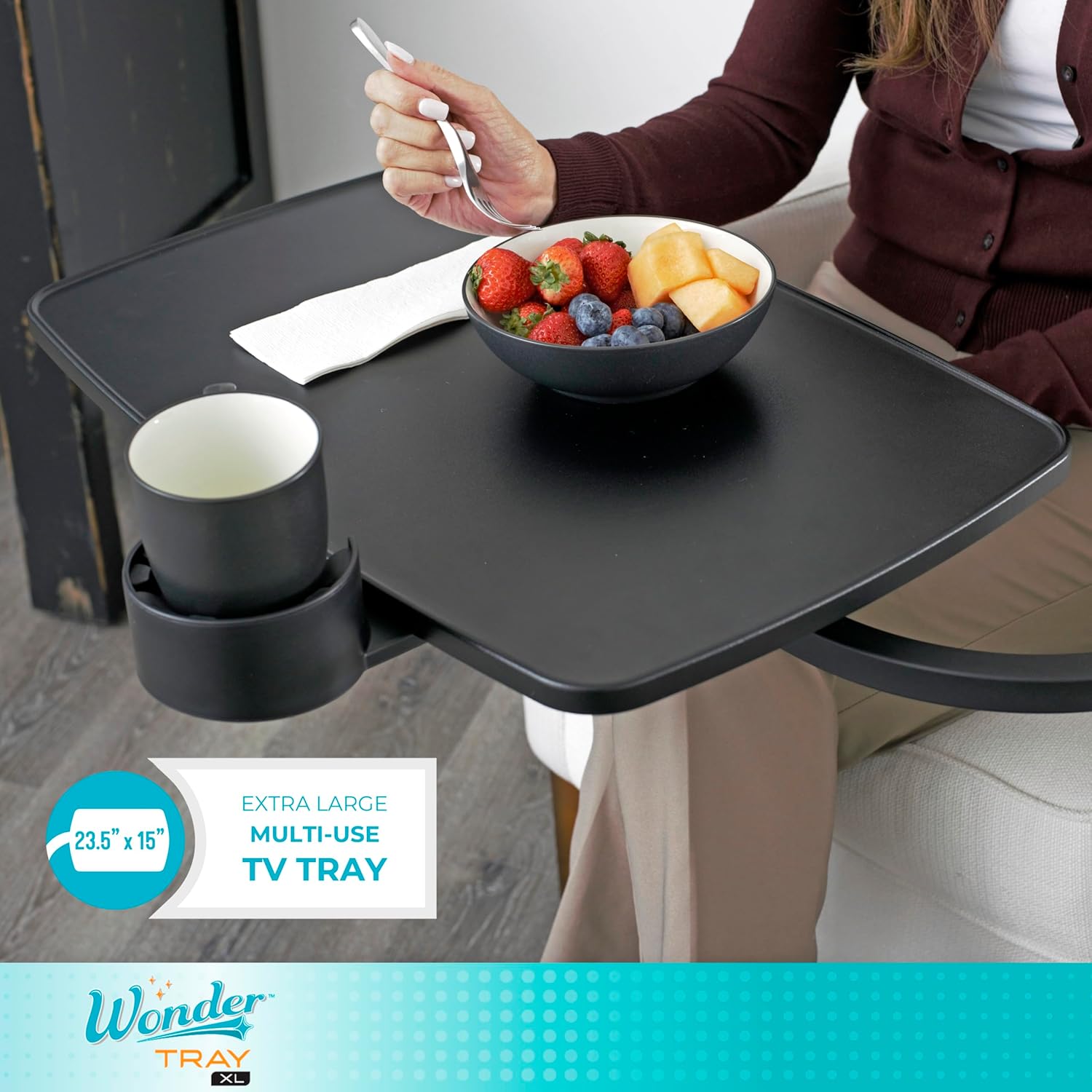 Assist-A-Tray Ultimate | Swivel Tray for Your Chair from AskSAMIE in use with recliner in use with meal and with cup holder present
