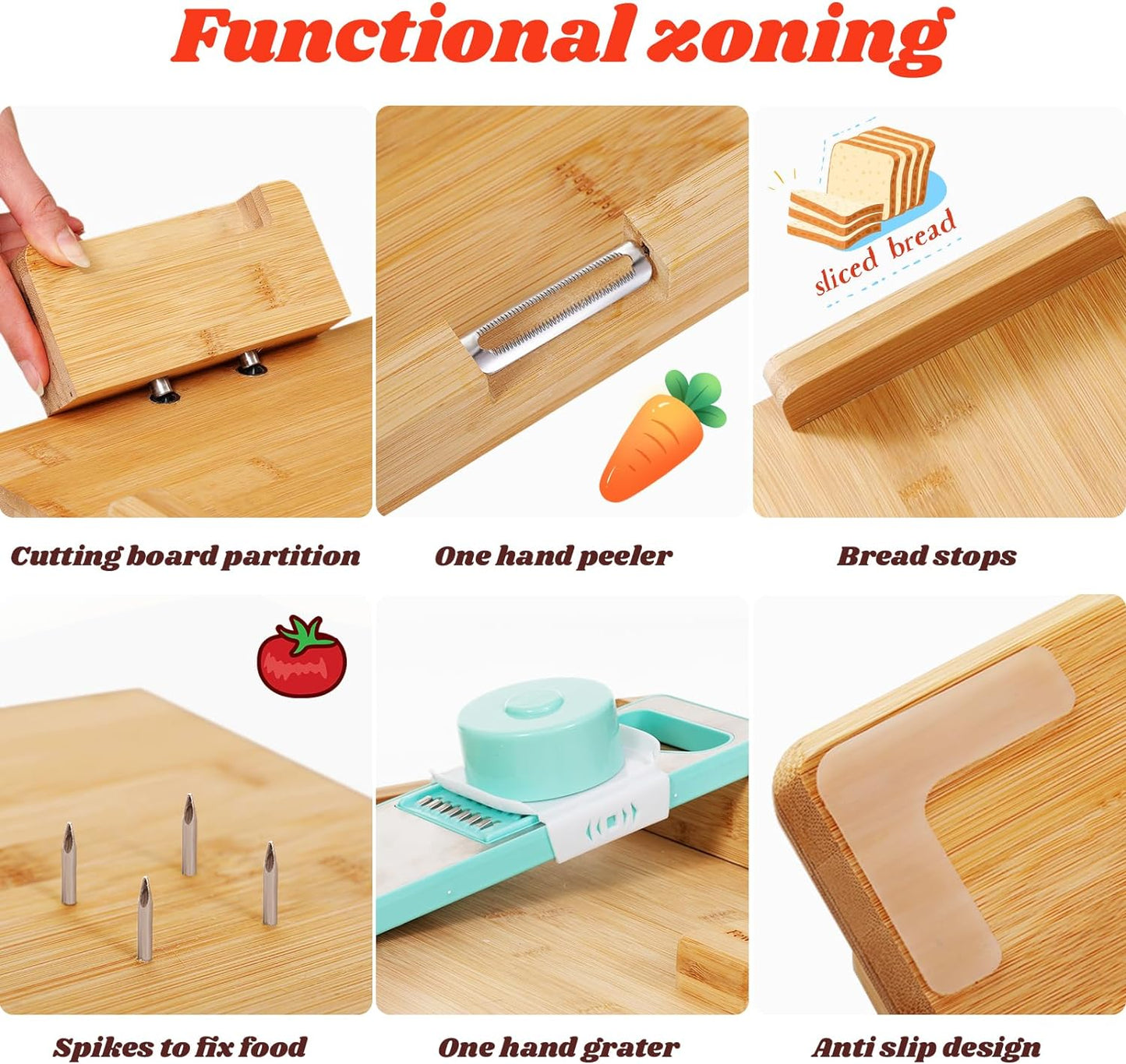 Adaptive One-Handed Cutting Board - Single Handed Board with Anti-slip Design, Bread Stops, Spikes