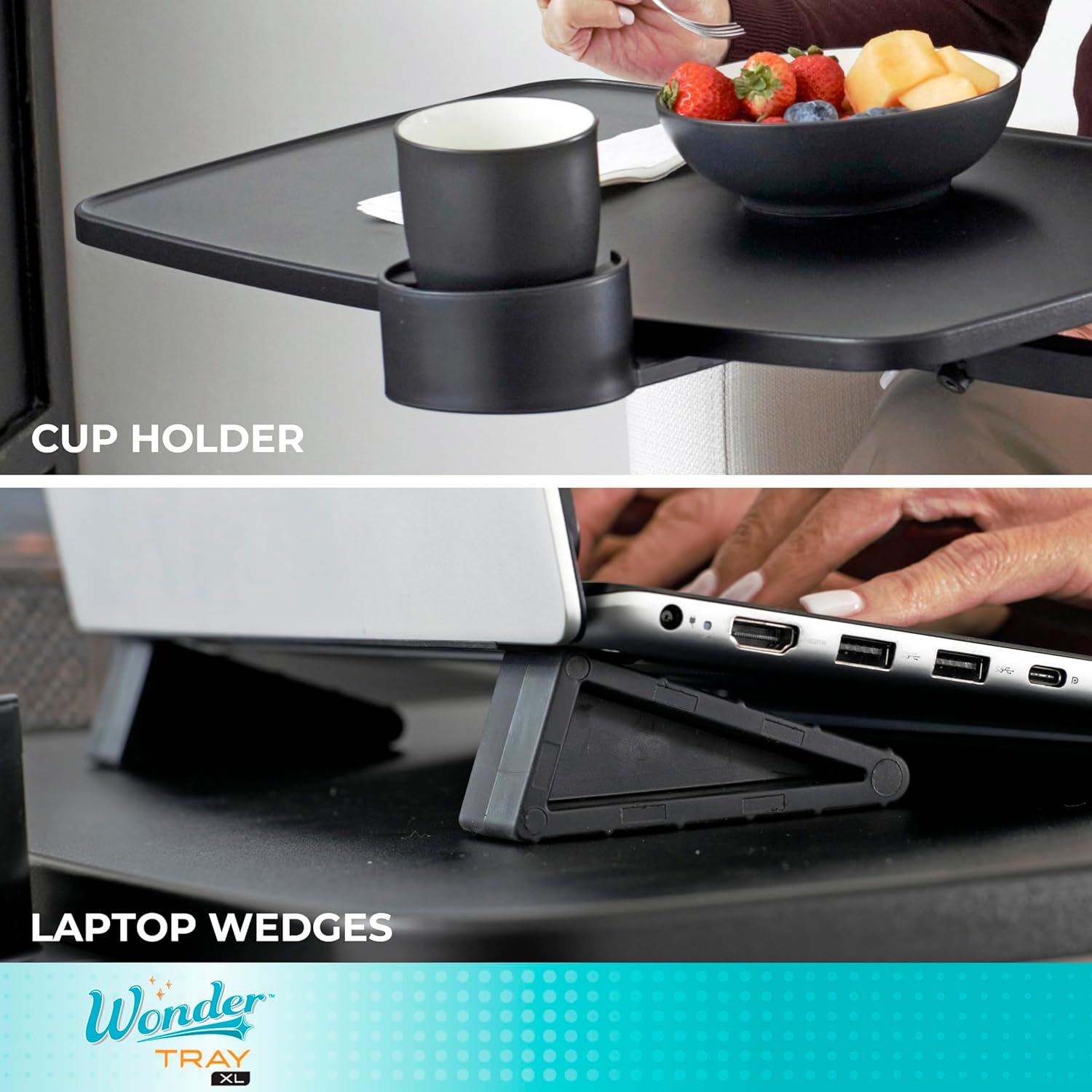 Assist-A-Tray Ultimate | Swivel Tray for Your Chair from AskSAMIE in use with cup holder and includes laptop wedges