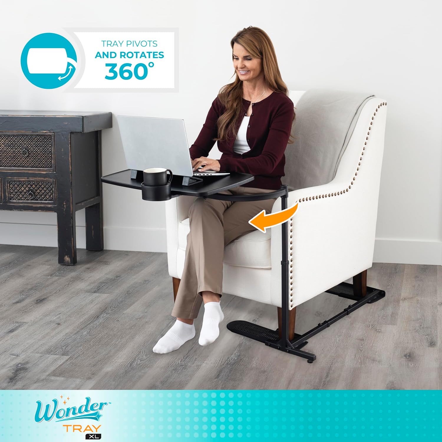 woman in chair using Assist-A-Tray Ultimate | Swivel Tray for Your Chair from AskSAMIE swivel feature 360 degrees