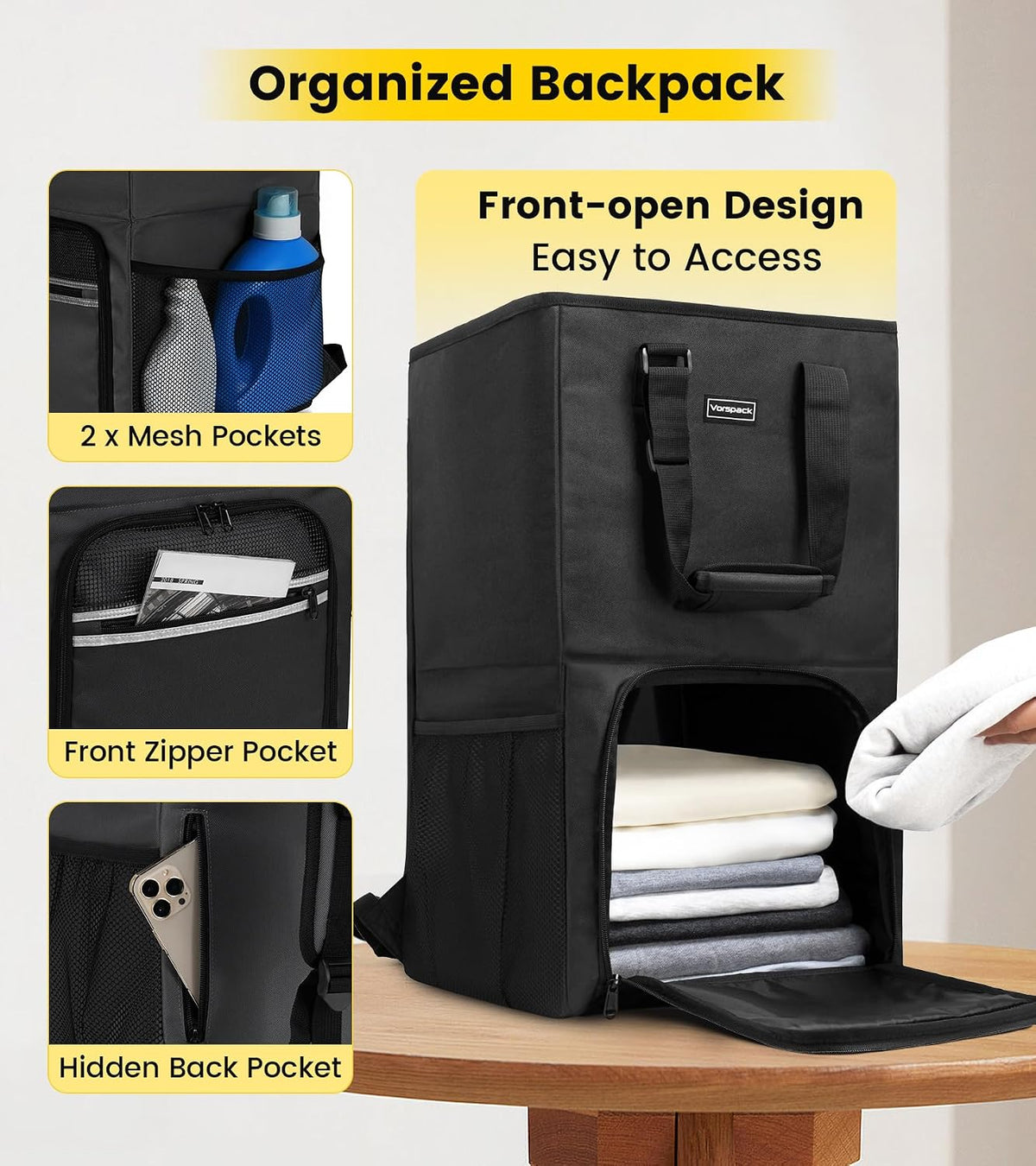 Front-opening door for unloading clothes without bending, plus mesh side pockets for detergent and a hidden back phone pocket.