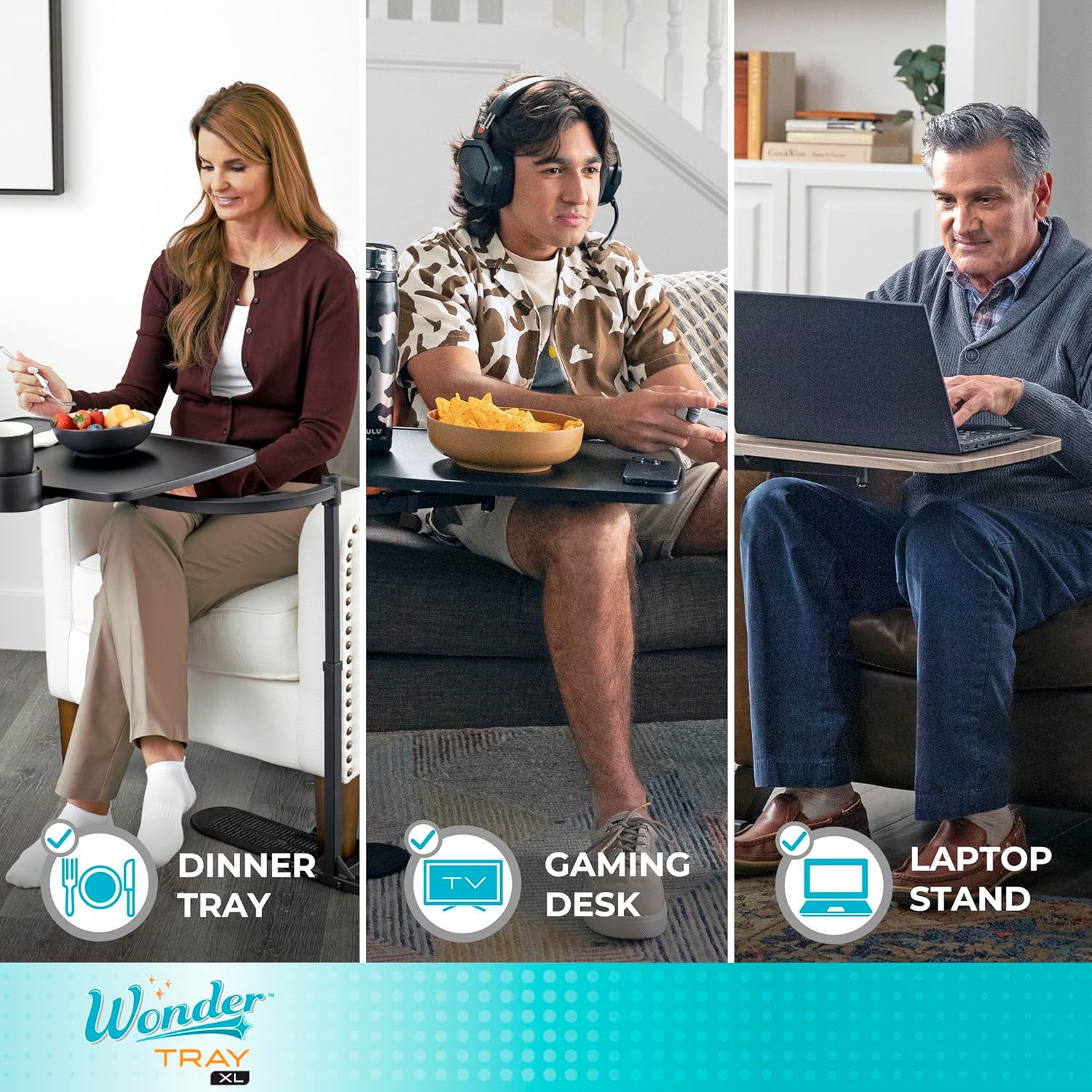 Assist-A-Tray Ultimate | Swivel Tray for Your Chair from AskSAMIE in use for eating, while playing, and working on laptop