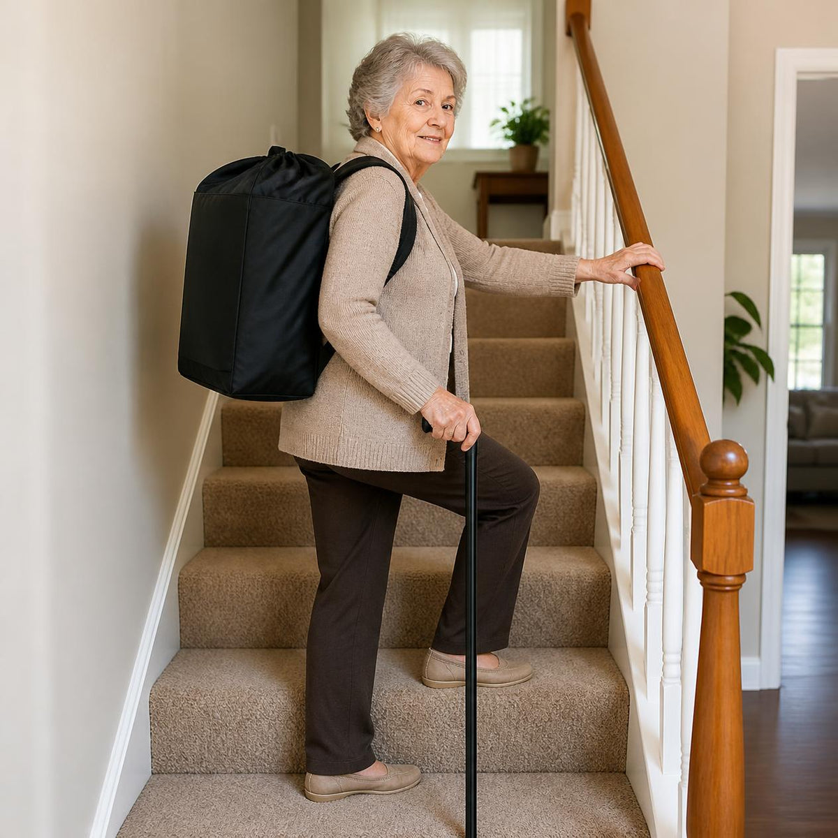 Older woman climbs carpeted stairs wearing a laundry backpack, one hand on the handrail and the other on her cane, carrying laundry hands-free.