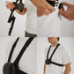 The image is a collage. A man is pictured through he steps of putting on the Ara device. He starts by placing the Ara straps over his head, then buckles it on the left side.