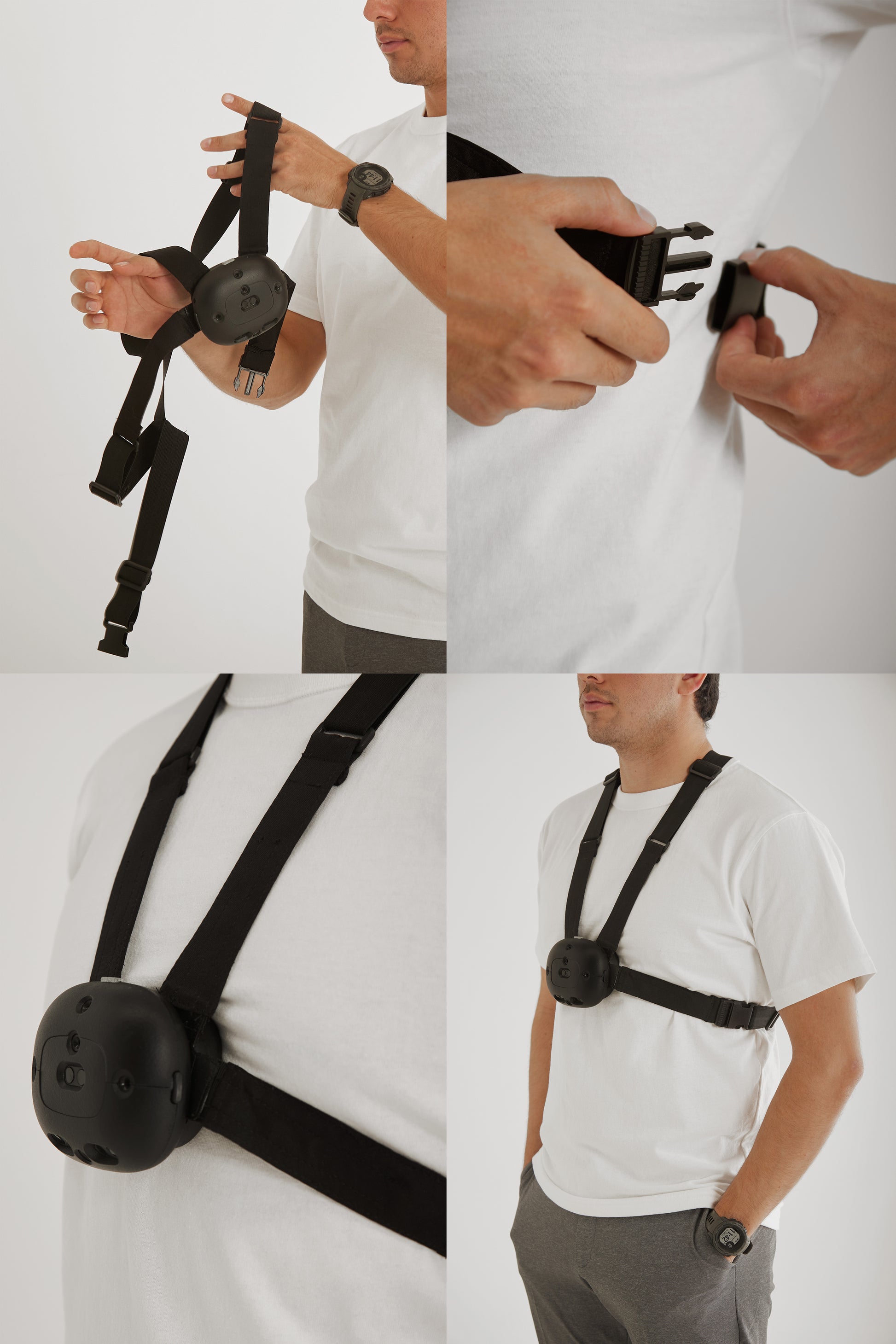 The image is a collage. A man is pictured through he steps of putting on the Ara device. He starts by placing the Ara straps over his head, then buckles it on the left side.