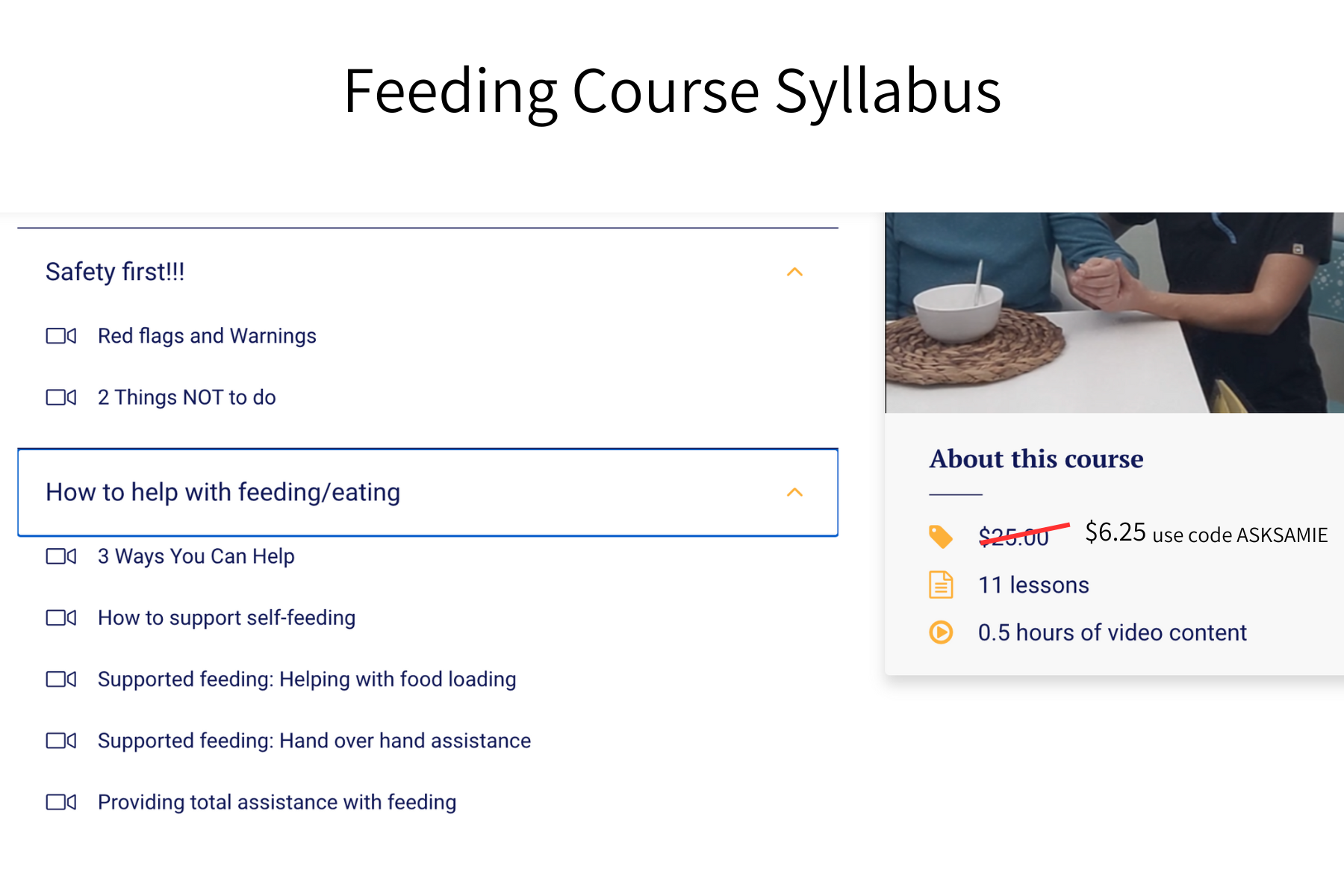 Feeding course syllabus for video training for caregivers at AskSAMIE