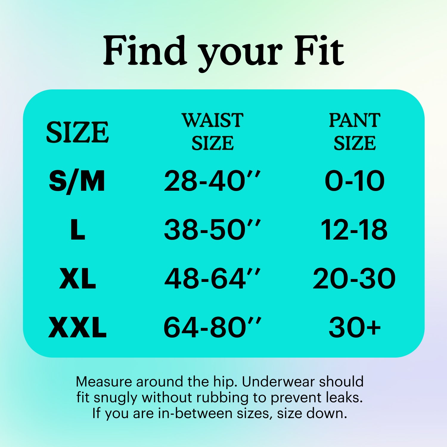 Premium Overnight Plus Underwear for Women size specifications from AskSAMIE