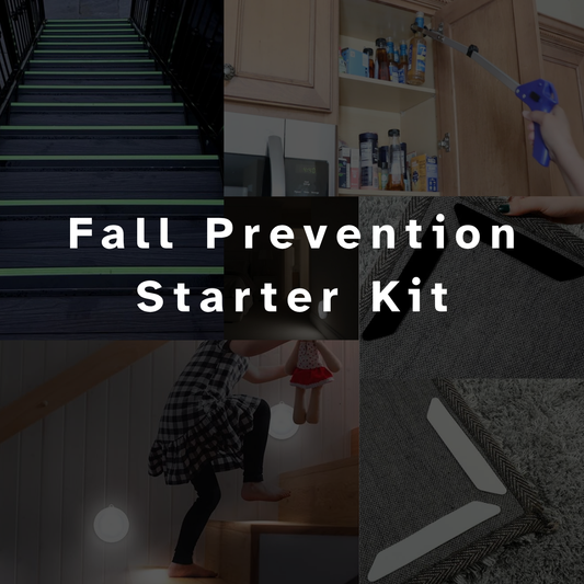 A collage showing a fall prevention starter kit in use and components: a staircase with green grip strips, a hand using a blue grabber tool, a child climbing stairs while holding a doll for balance support, and close-up views of textured floor mats and white support pads. Large text across the center reads 'Fall Prevention Starter Kit'.