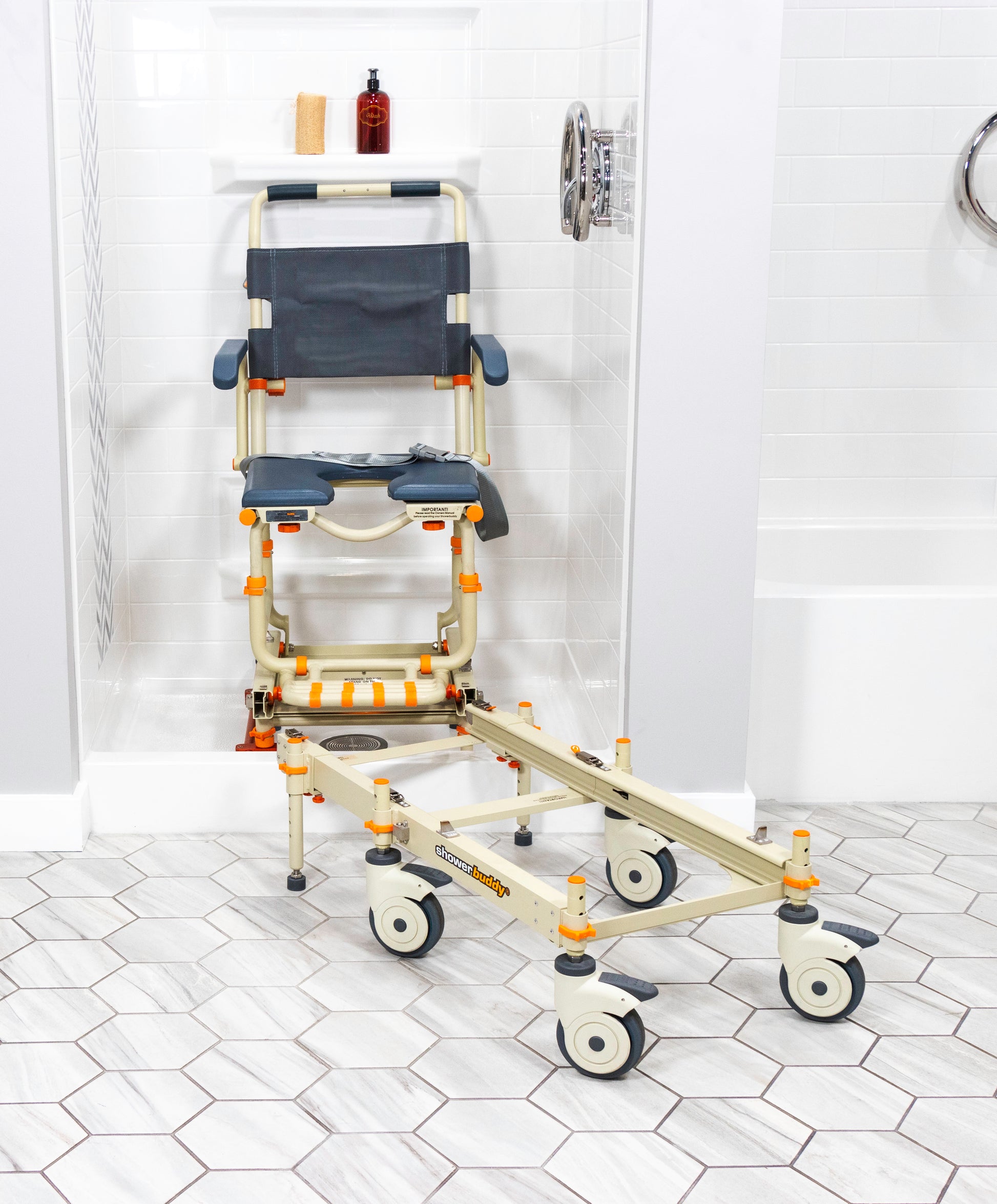 Showerbuddy for standard shower stall with wheels attached from AskSAMIE
