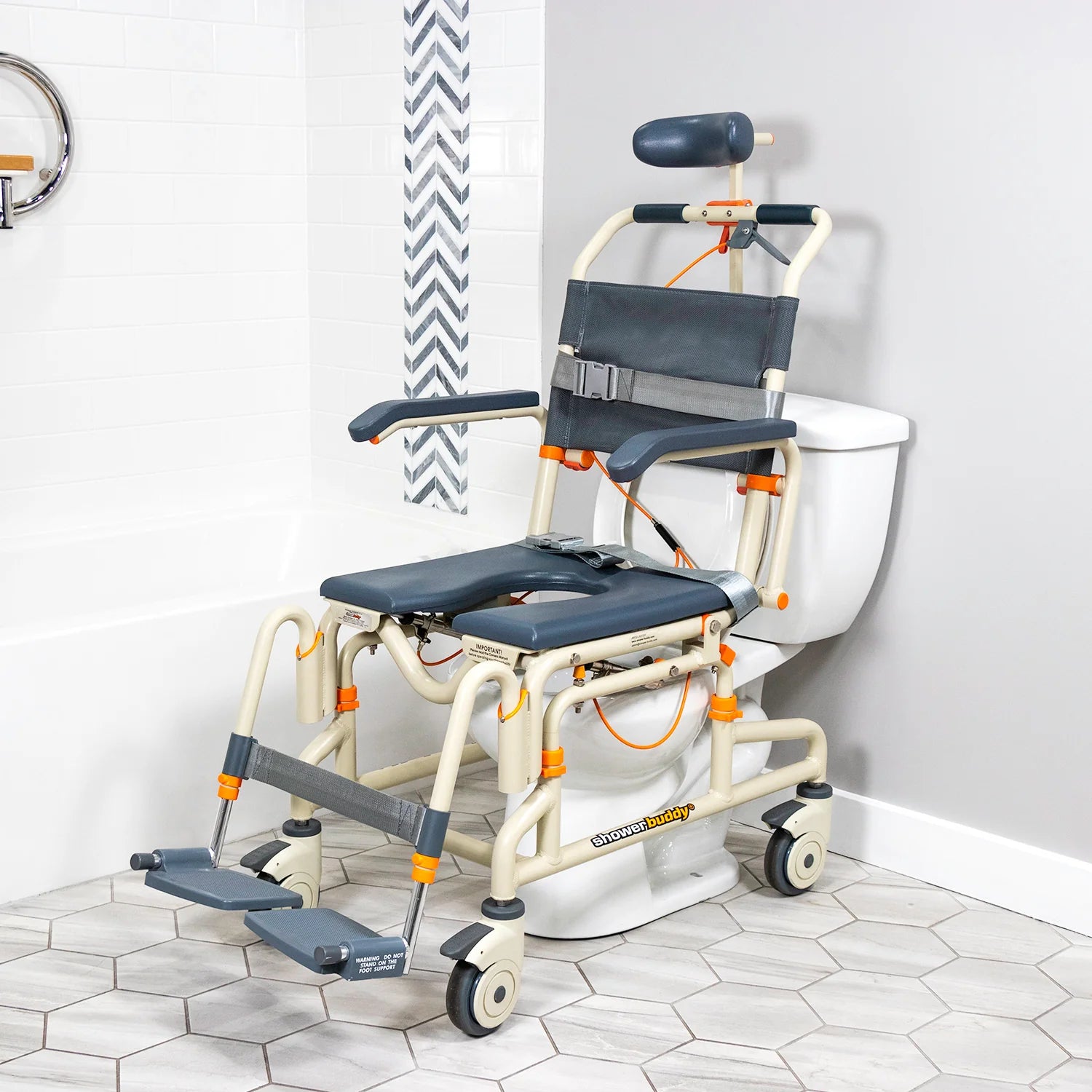 Tilting Rolling Shower Chair over toilet