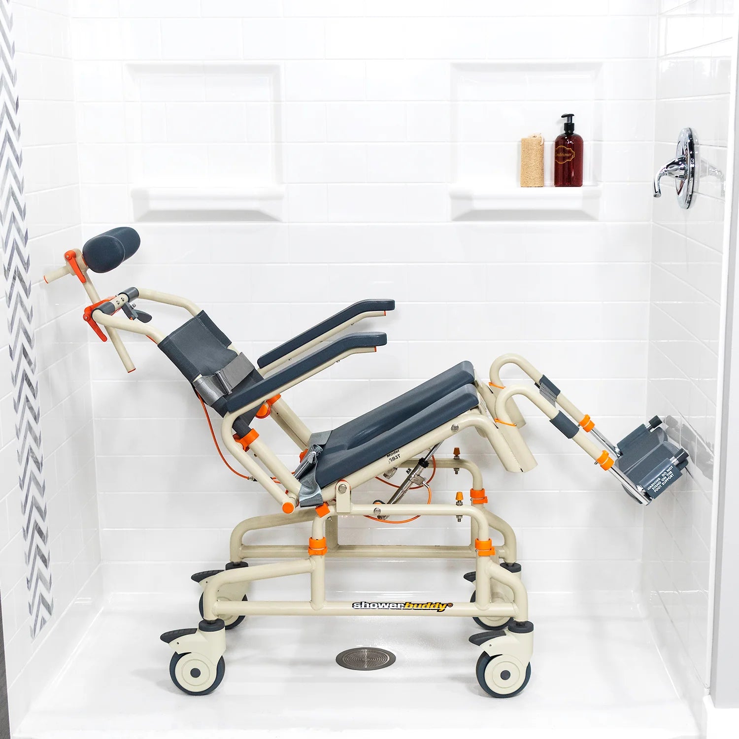 Tilting Rolling Shower Chair in the shower