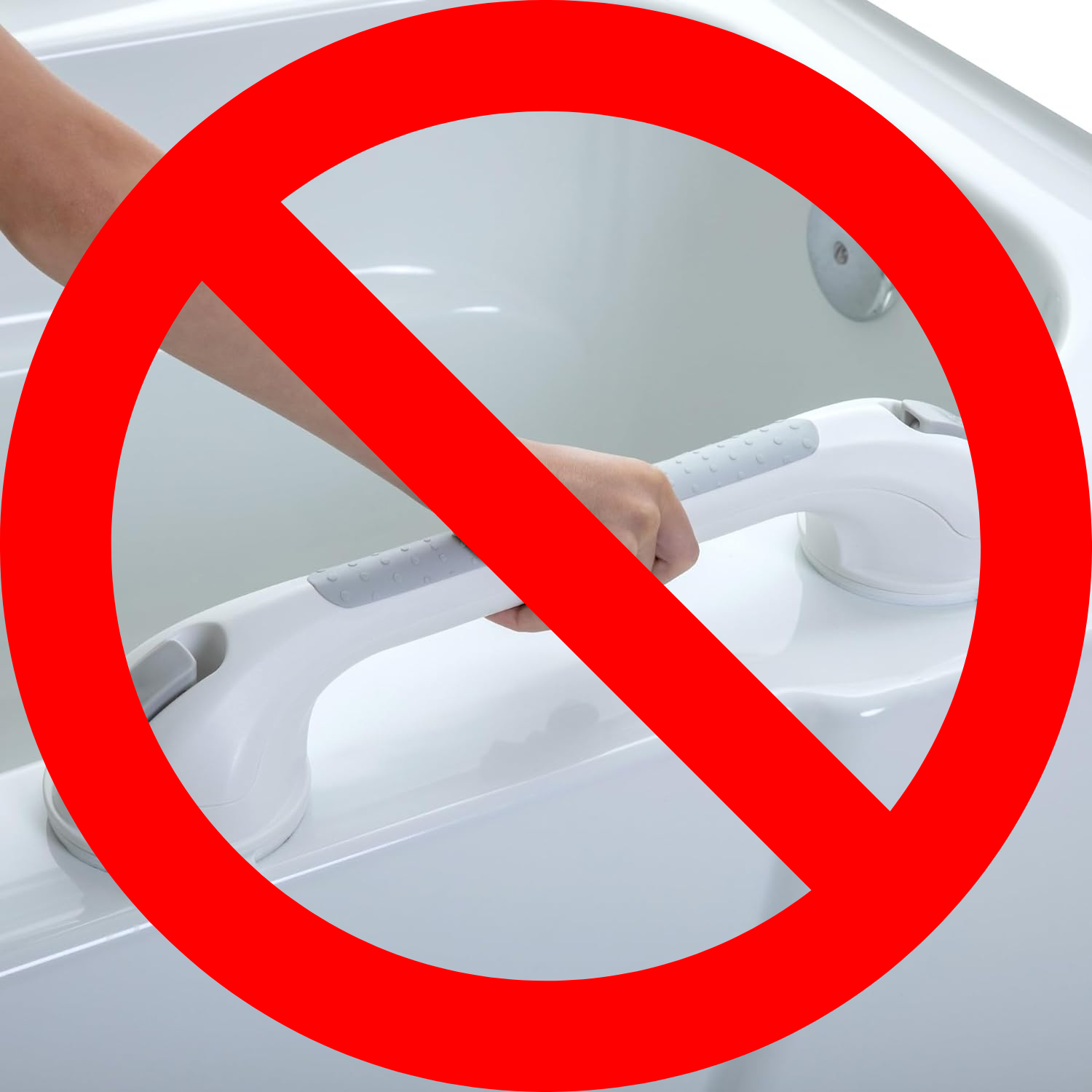 Suction Cup Grab Bar attached to the side of bathtub being held with hand by AskSAMIE