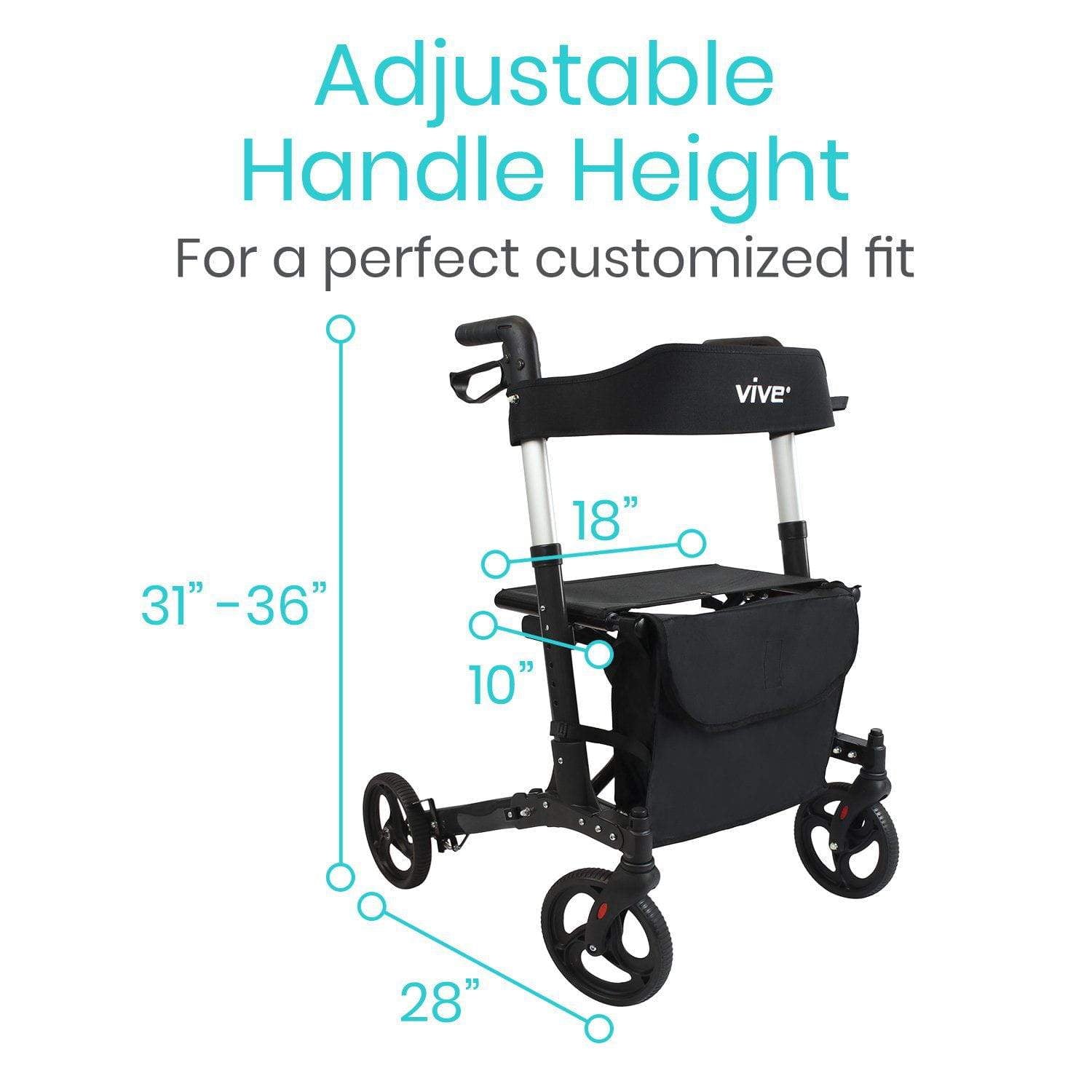 Big wheel rollator from Vive with dimensions