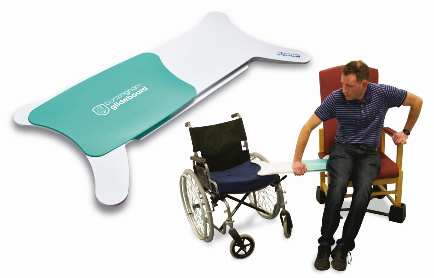 Man using a Buckingham Glideboard  board with a wheelchair and another chair from AskSAMIE