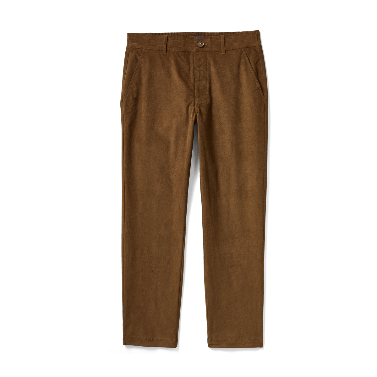 Brown corduroy pants animated with the fly folding open to show inner magnetic closures and the stretch back waistband