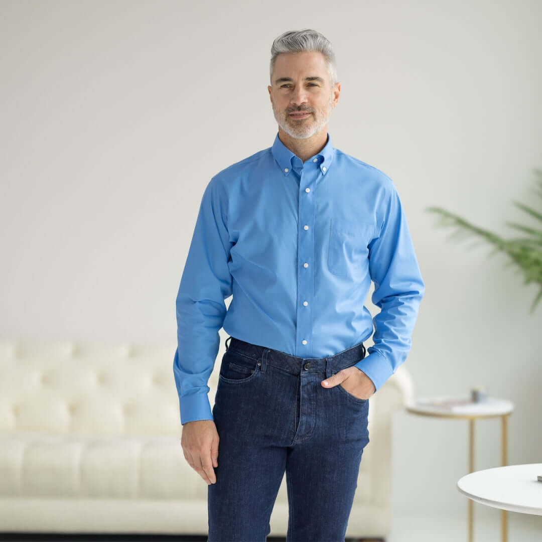 Adaptive Button-Down Shirt for Men in Blue | Magnetic Closure | Parkinson's & Arthritis MagnaReady - AskSAMIE: Answers for Accessibility