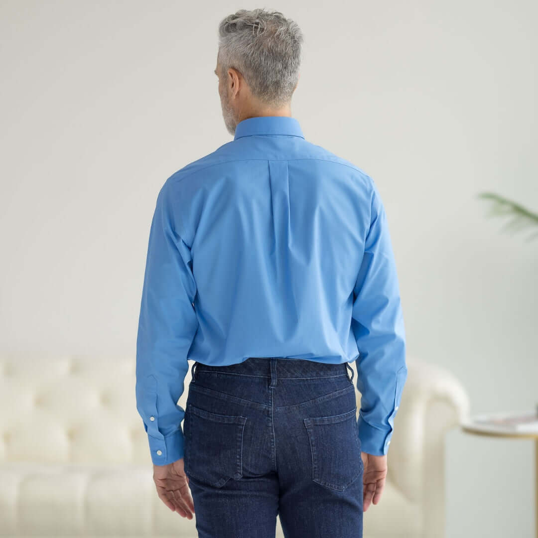 Adaptive Button-Down Shirt for Men in Blue | Magnetic Closure | Parkinson's & Arthritis MagnaReady - AskSAMIE: Answers for Accessibility