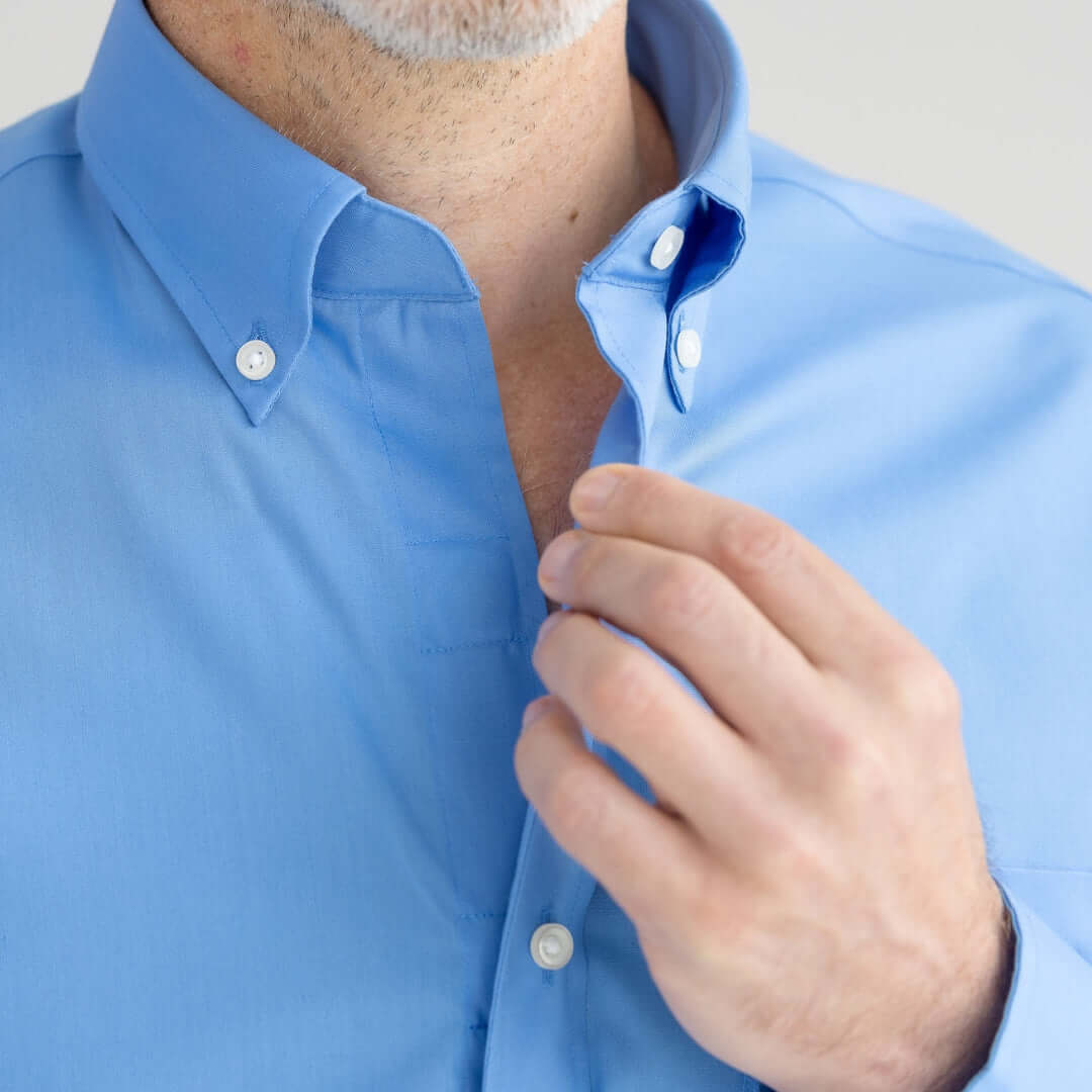Adaptive Button-Down Shirt for Men in Blue | Magnetic Closure | Parkinson's & Arthritis MagnaReady - AskSAMIE: Answers for Accessibility