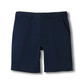Flat lay animation of navy chino twill shorts, waistband opening to reveal the magnetic fly and light blue inner lining