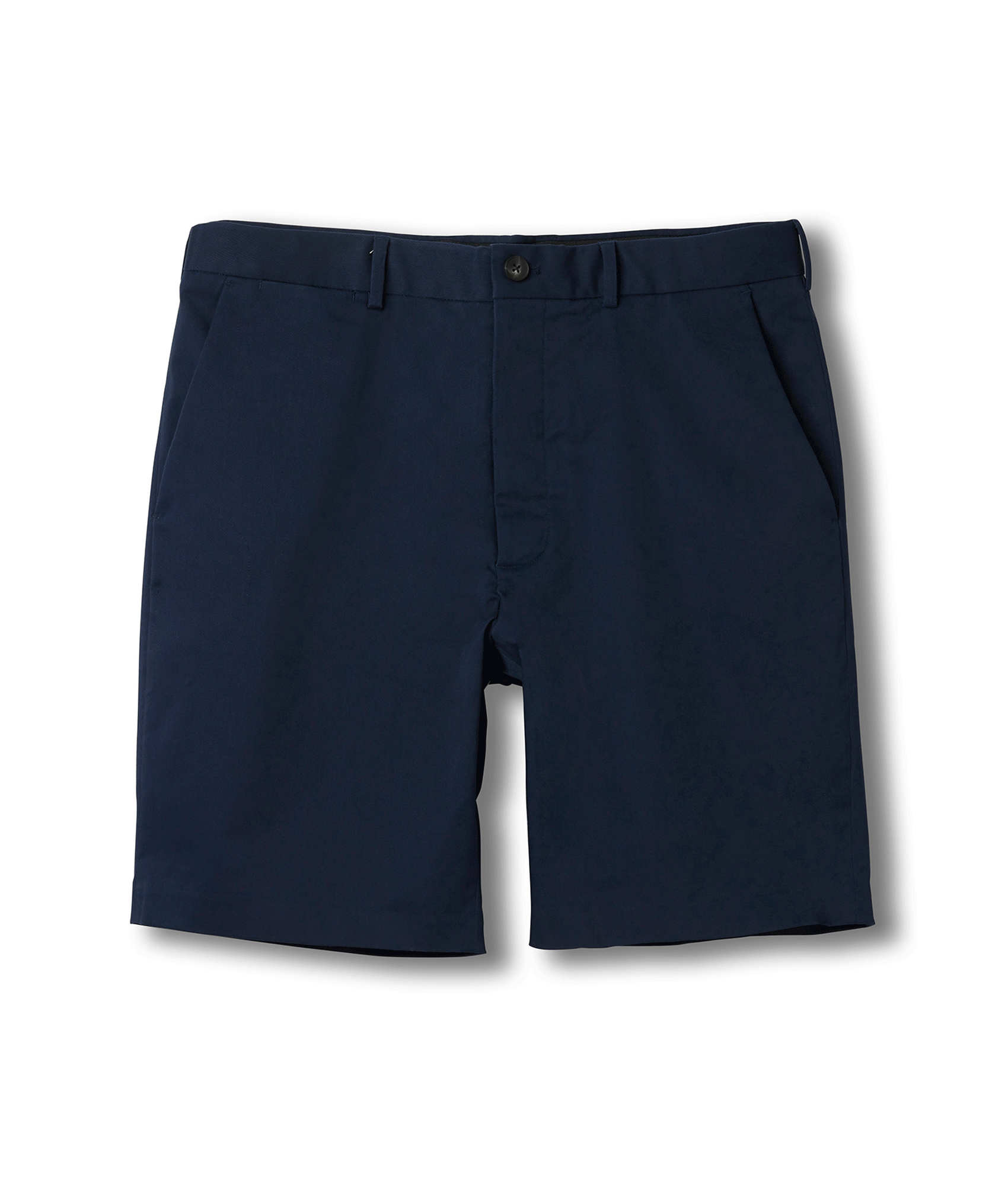 Flat lay animation of navy chino twill shorts, waistband opening to reveal the magnetic fly and light blue inner lining