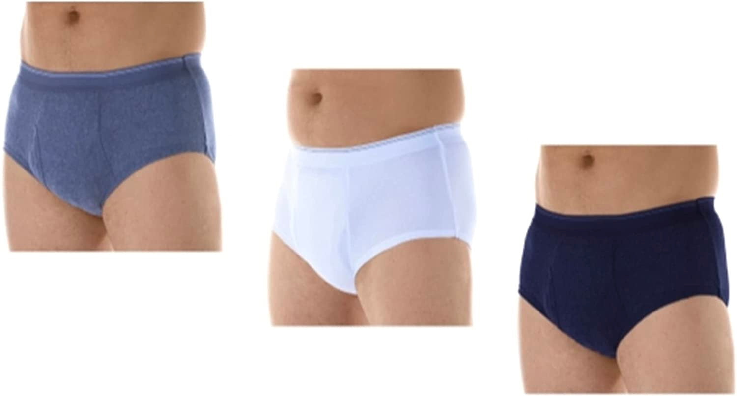 3 pk men's reusable incontinence briefs pictured in denim, white and navy from AskSAMIE