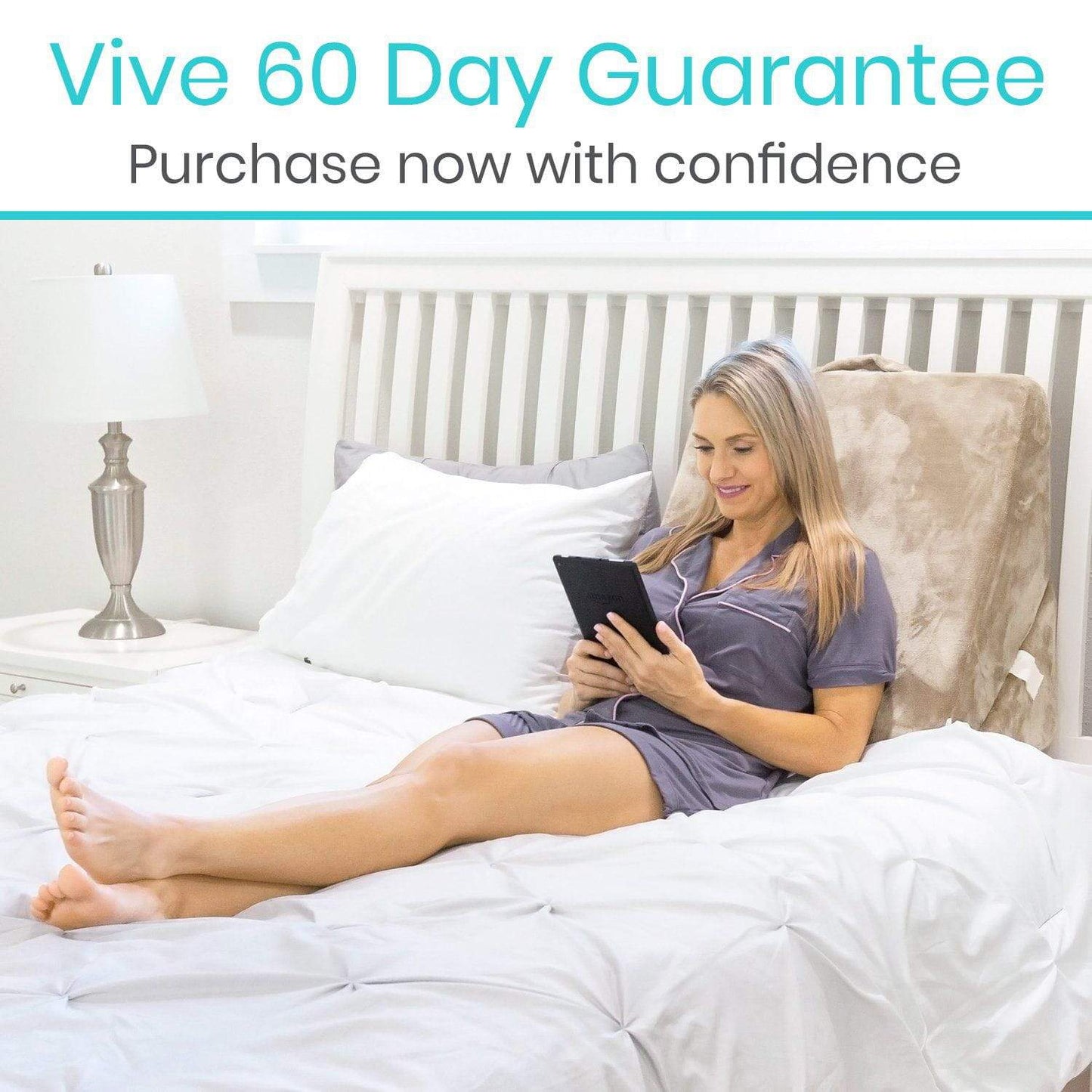 4 in 1 Bed Wedge for Better Breathing and Elevation with woman leaning, showcasing 60 day guarantee on text from AskSAMIE