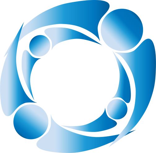 Blue and white circular logo with abstract design for Watch Our Own App