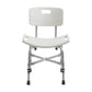 Front view of the heavy duty shower chair showing the curved seat, drainage holes, and cross-braced aluminum legs for extra stability.